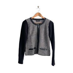 Nanette Lepore Jacket Knit Black White Zip Leather Trim Women's M Cardigan